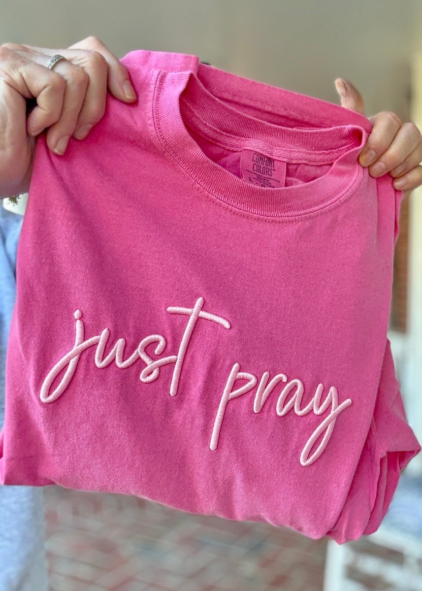Just Pray 3D Puff LS Comfort Colors T-shirt - Embroidered Comfort Colors - Jimberly's Boutique - Olive Branch - Mississippi