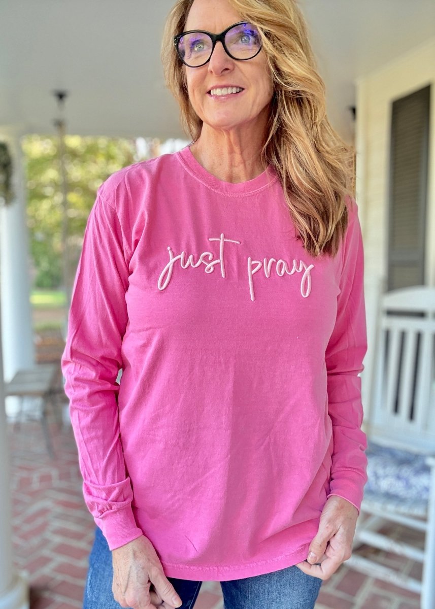 Just Pray 3D Puff LS Comfort Colors T-shirt - Embroidered Comfort Colors - Jimberly's Boutique - Olive Branch - Mississippi