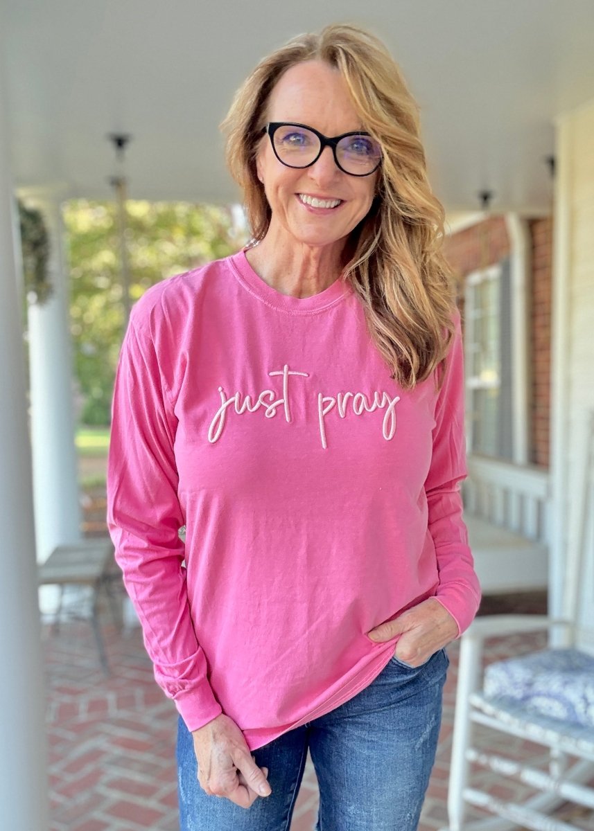 Just Pray 3D Puff LS Comfort Colors T-shirt - Embroidered Comfort Colors - Jimberly's Boutique - Olive Branch - Mississippi