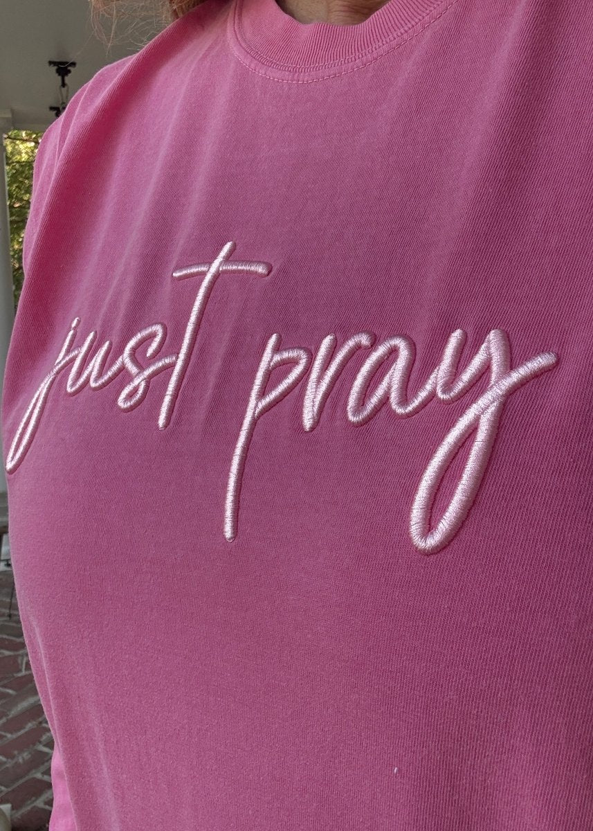 Just Pray 3D Puff LS Comfort Colors T-shirt - Embroidered Comfort Colors - Jimberly's Boutique - Olive Branch - Mississippi