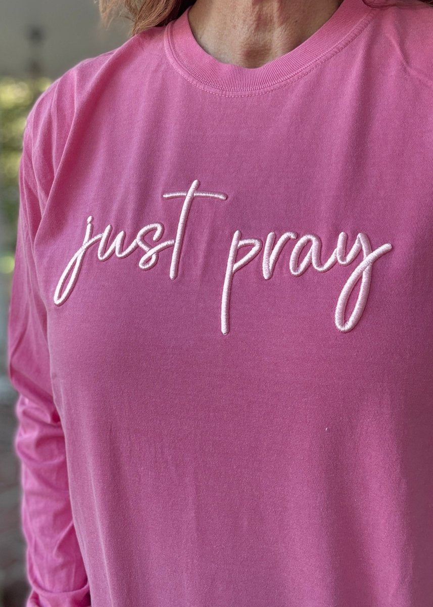 Just Pray 3D Puff LS Comfort Colors T-shirt - Embroidered Comfort Colors - Jimberly's Boutique - Olive Branch - Mississippi