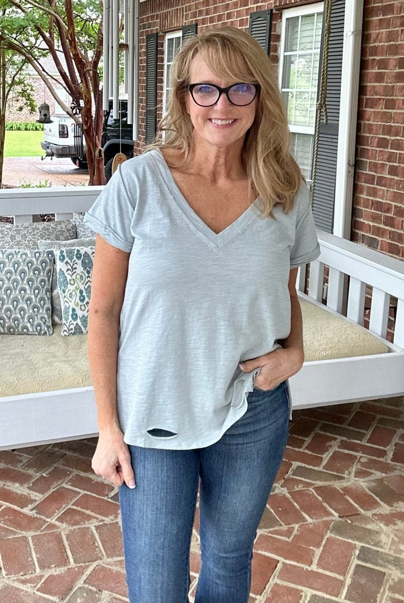 Kelly Basic V Neck Top - Pale Blue | Umgee - Casual Top -Jimberly's Boutique-Olive Branch-Mississippi