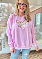 Large Raggy Applique' Bow Sweatshirt - Lt Pink w/ Vintage Fancy - Jimberly's Boutique - Olive Branch - Mississippi
