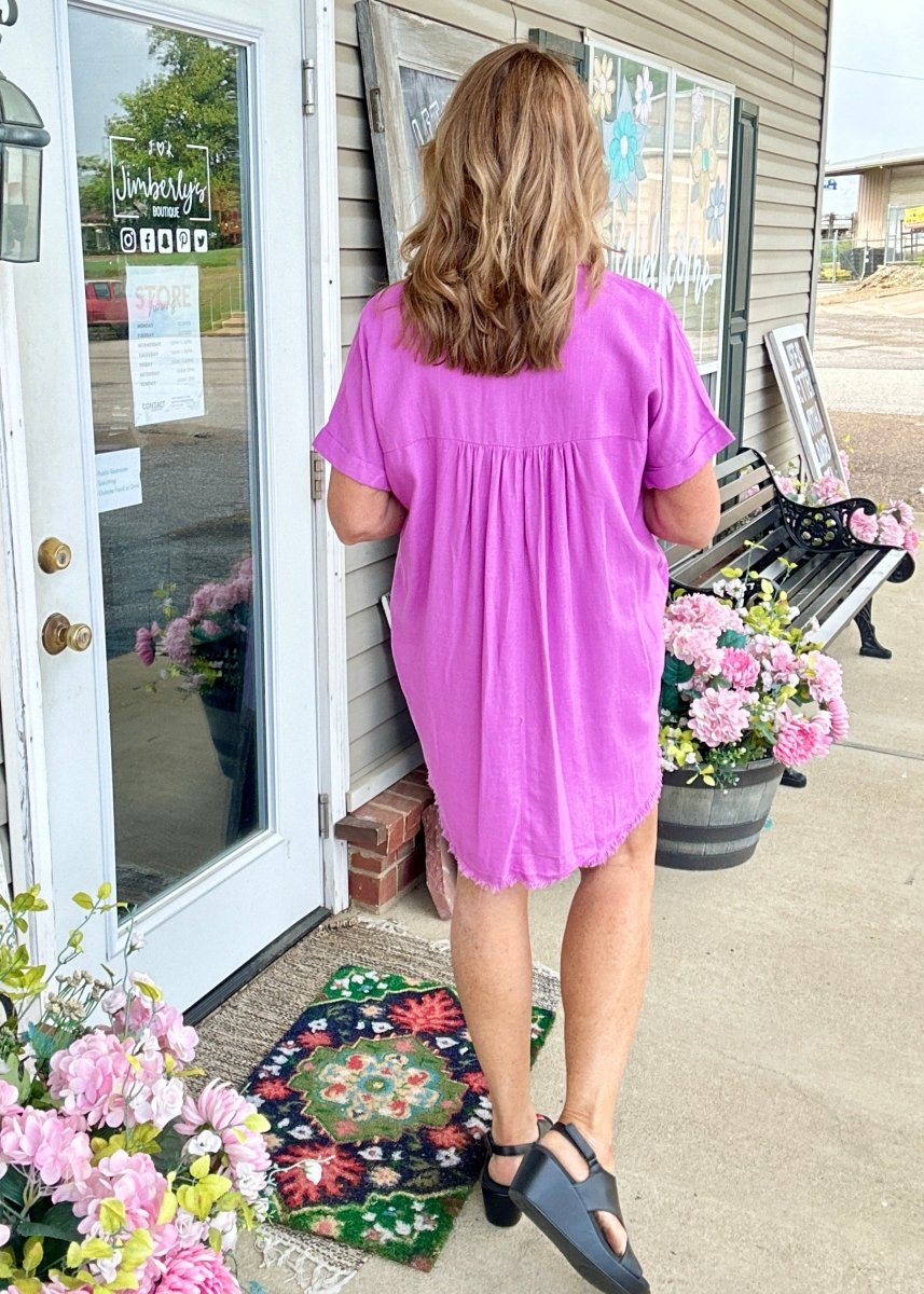 Laura Lee Linen Frayed Hem Shirt Dress - Bright Mauve - Casual Dress - Jimberly's Boutique - Olive Branch - Mississippi