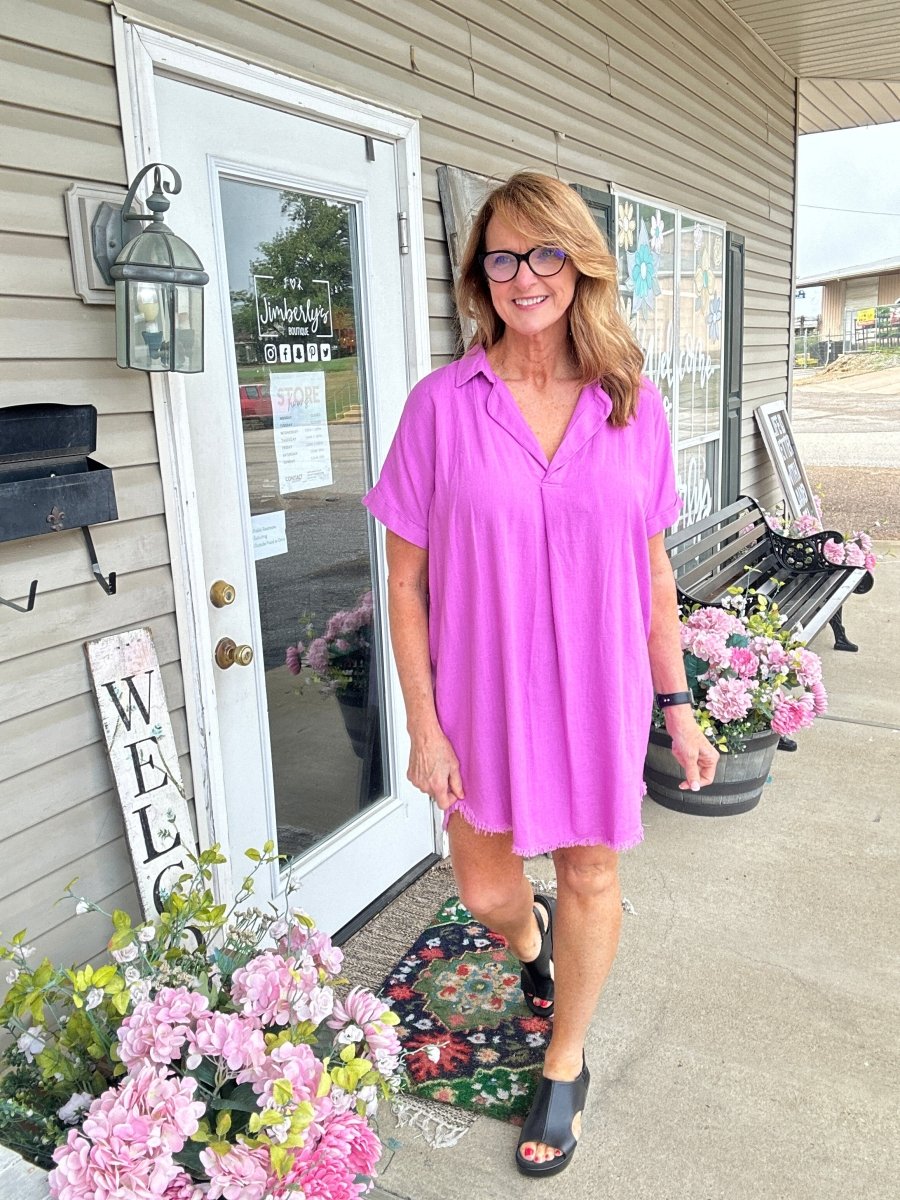 Laura Lee Linen Frayed Hem Shirt Dress - Bright Mauve - Casual Dress - Jimberly's Boutique - Olive Branch - Mississippi