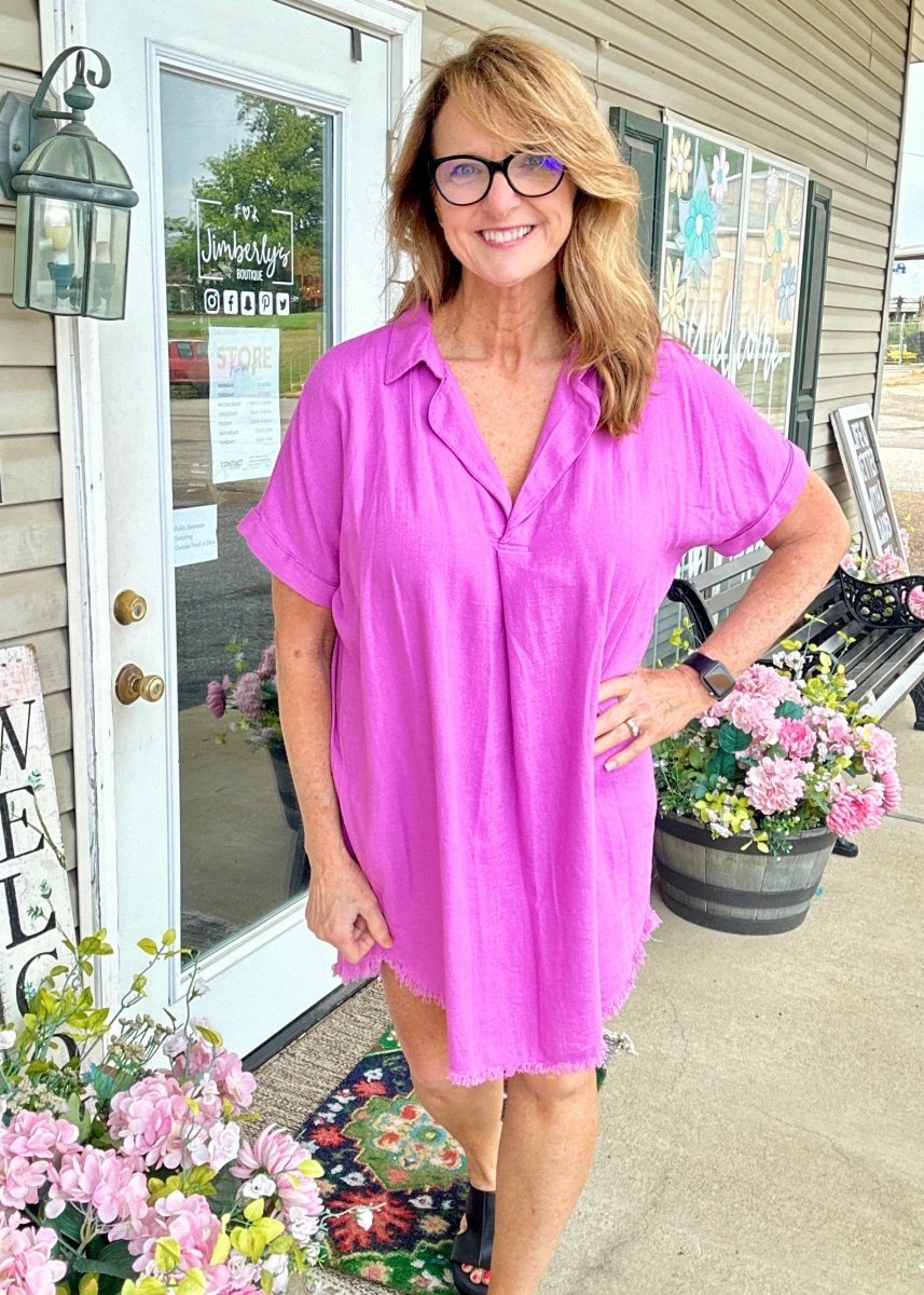 Laura Lee Linen Frayed Hem Shirt Dress - Bright Mauve - Casual Dress - Jimberly's Boutique - Olive Branch - Mississippi