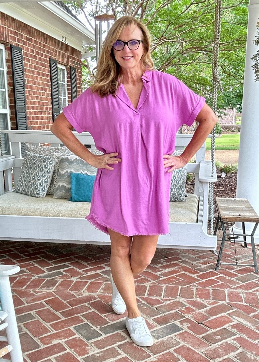 Laura Lee Linen Frayed Hem Shirt Dress - Bright Mauve - Jimberly's Boutique - Olive Branch - Mississippi