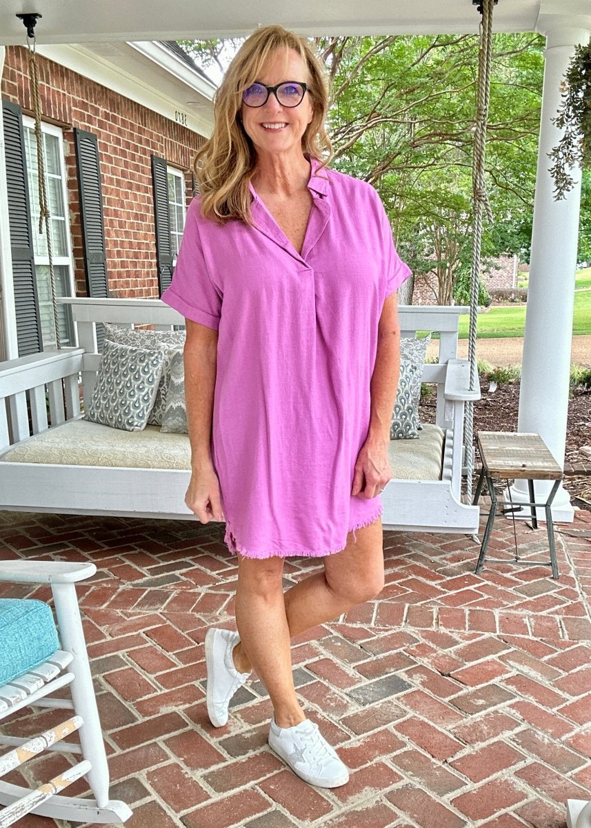 Laura Lee Linen Frayed Hem Shirt Dress - Bright Mauve - Jimberly's Boutique - Olive Branch - Mississippi