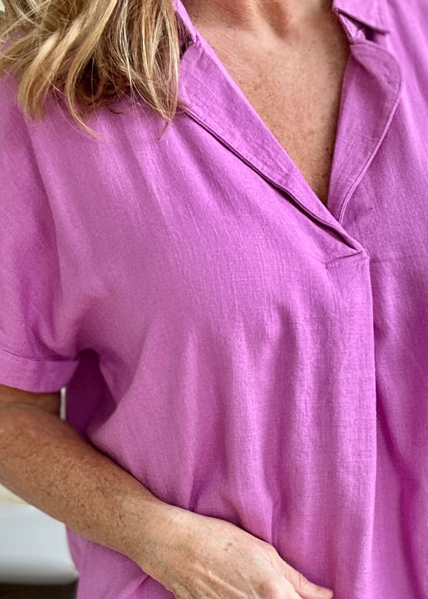 Laura Lee Linen Frayed Hem Shirt Dress - Bright Mauve - Jimberly's Boutique - Olive Branch - Mississippi