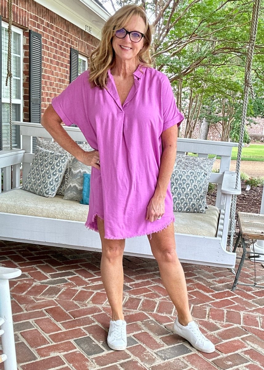Laura Lee Linen Frayed Hem Shirt Dress - Bright Mauve - Jimberly's Boutique - Olive Branch - Mississippi