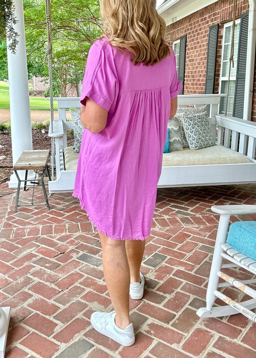 Laura Lee Linen Frayed Hem Shirt Dress - Bright Mauve - Jimberly's Boutique - Olive Branch - Mississippi