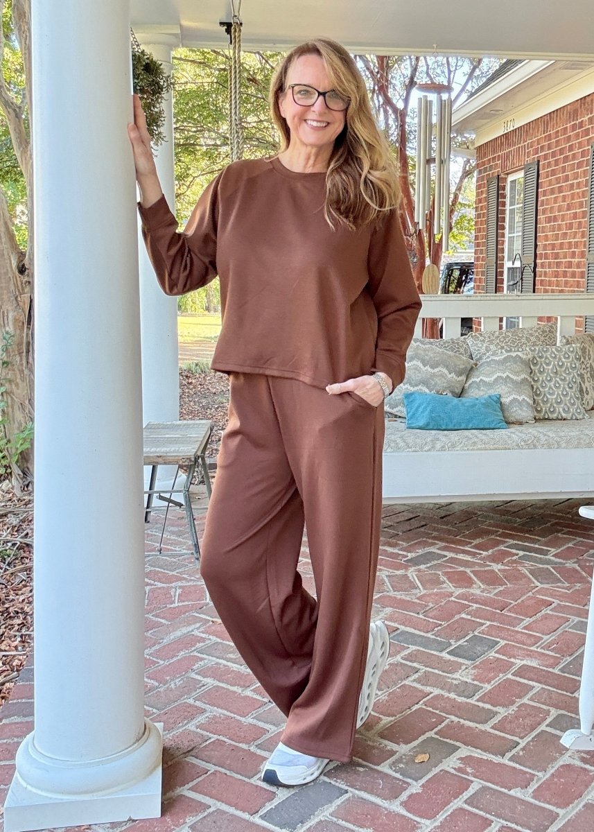 Lennon Scuba Crewneck & Pants Lounge Set - Brown - lounge set - Jimberly's Boutique - Olive Branch - Mississippi