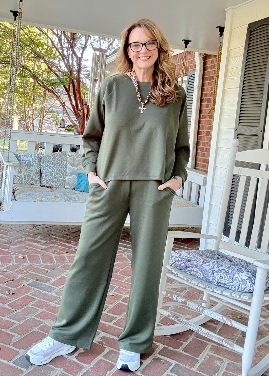 Lennon Scuba Crewneck & Pants Lounge Set - Dk Olive - lounge set - Jimberly's Boutique - Olive Branch - Mississippi