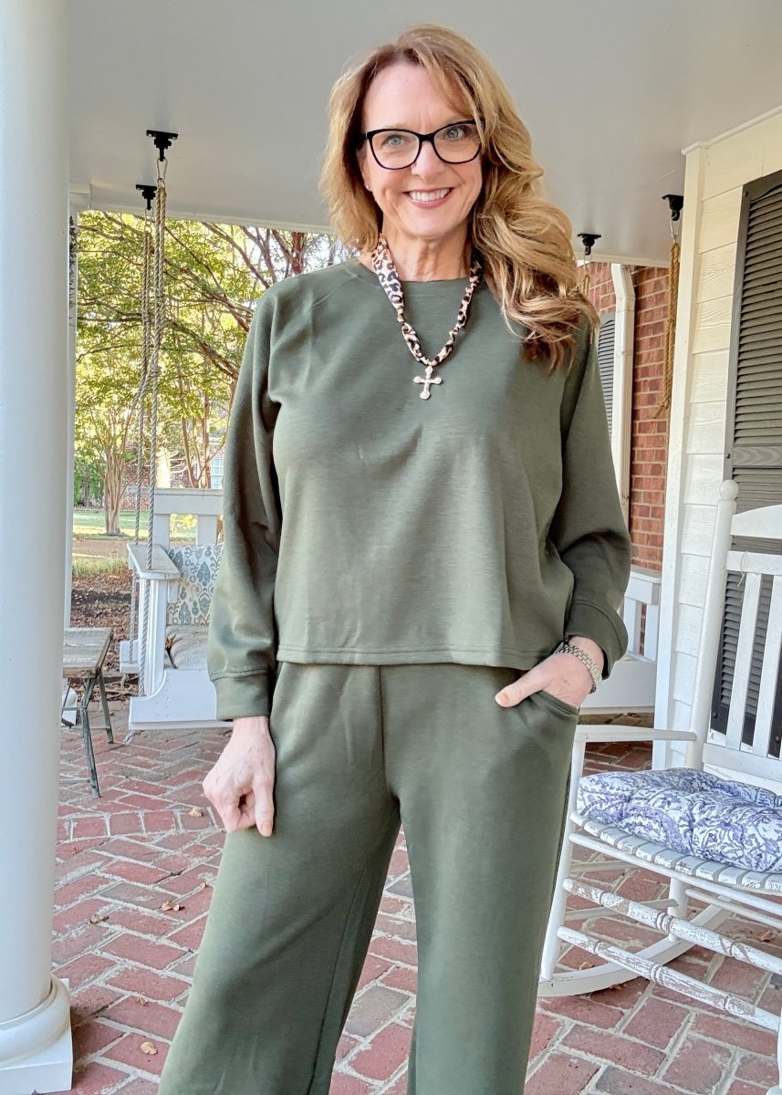 Lennon Scuba Crewneck & Pants Lounge Set - Dk Olive - lounge set - Jimberly's Boutique - Olive Branch - Mississippi