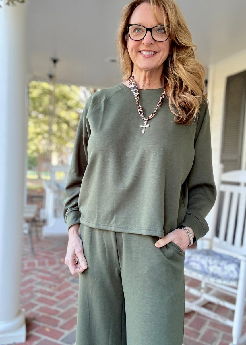 Lennon Scuba Crewneck & Pants Lounge Set - Dk Olive - lounge set - Jimberly's Boutique - Olive Branch - Mississippi