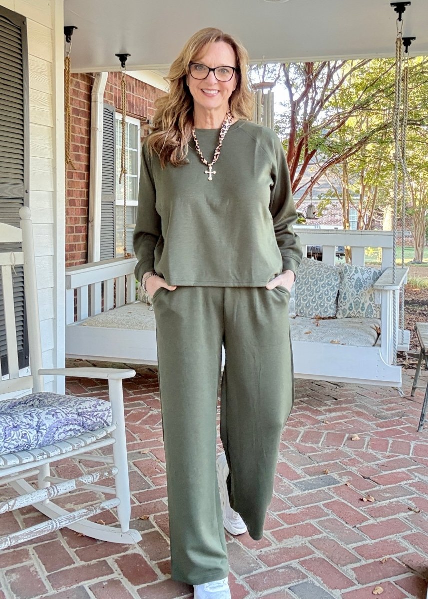 Lennon Scuba Crewneck & Pants Lounge Set - Dk Olive - lounge set - Jimberly's Boutique - Olive Branch - Mississippi