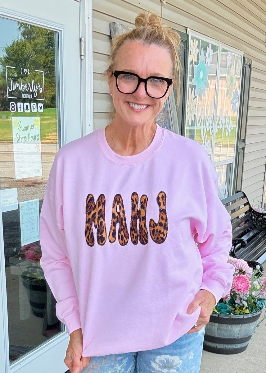 Leopard MAHJ Applique' Sweatshirt - Lt Pink - Embroidered Sweatshirt -Jimberly's Boutique-Olive Branch-Mississippi