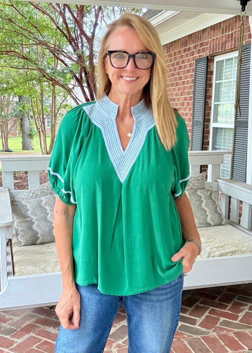 Linen Puff Sleeve Contrast Trim Top | Umgee - Umgee Top -Jimberly's Boutique-Olive Branch-Mississippi