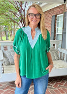 Linen Puff Sleeve Contrast Trim Top | Umgee - Umgee Top -Jimberly's Boutique-Olive Branch-Mississippi
