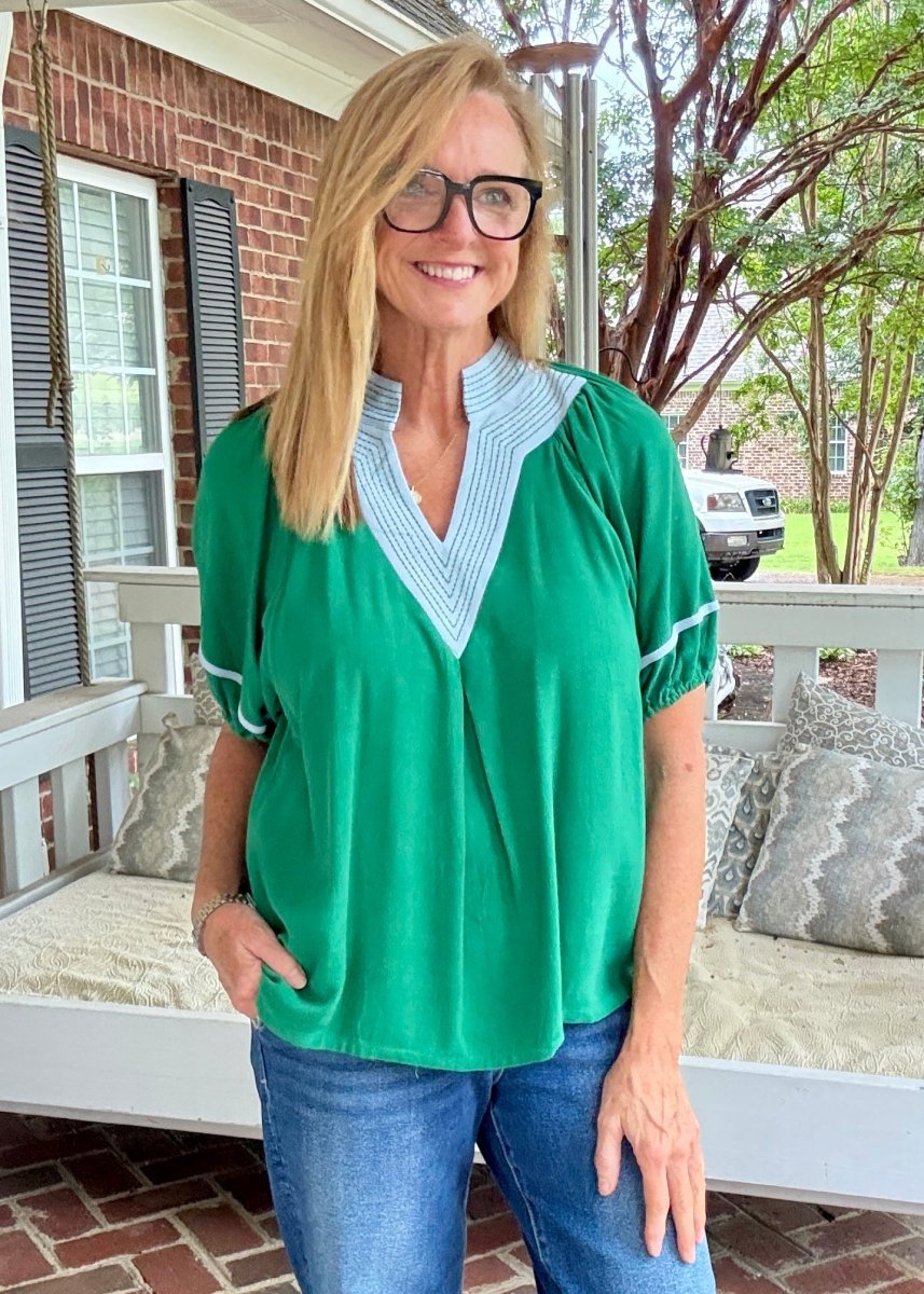 Linen Puff Sleeve Contrast Trim Top | Umgee - Umgee Top -Jimberly's Boutique-Olive Branch-Mississippi