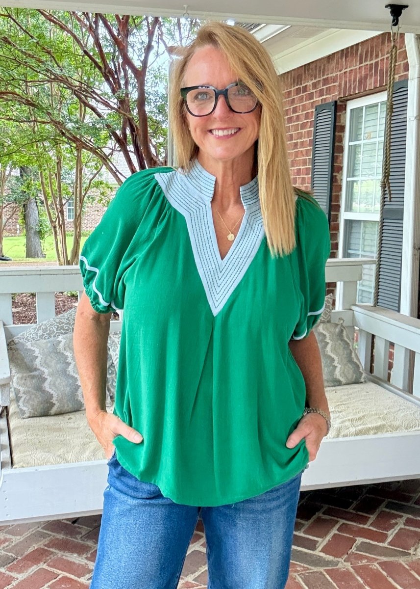 Linen Puff Sleeve Contrast Trim Top | Umgee - Umgee Top -Jimberly's Boutique-Olive Branch-Mississippi