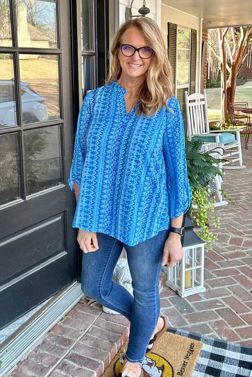 Lizzy Blue Boho Wrinkle Free Top | Dear Scarlett - Casual Top -Jimberly's Boutique-Olive Branch-Mississippi