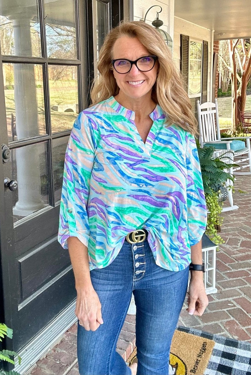 Lizzy Blue Multi Waves Wrinkle Free Top | Dear Scarlett - Dear Scarlett Wrinkle Free Top -Jimberly's Boutique-Olive Branch-Mississippi