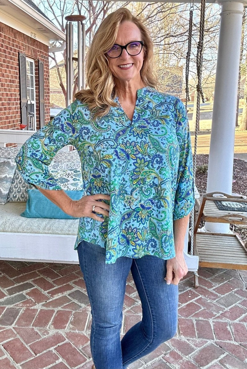 Lizzy Blue Multi Wrinkle Free Top | Dear Scarlett - Casual Top -Jimberly's Boutique-Olive Branch-Mississippi