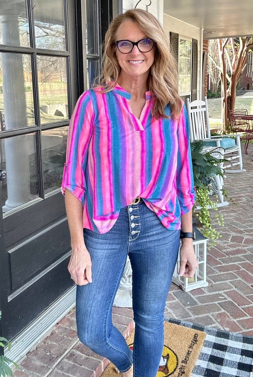 Lizzy Blue Pink Watercolor Wrinkle Free Top | Dear Scarlett - Casual Top -Jimberly's Boutique-Olive Branch-Mississippi