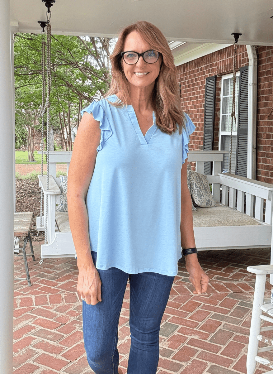 Lizzy Flutter Sleeve Top - Lt Blue | Dear Scarlett - Dear Scarlett Wrinkle Free Top - Jimberly's Boutique - Olive Branch - Mississippi