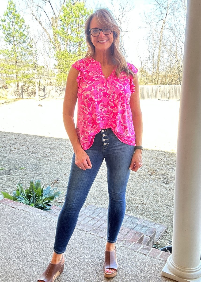Lizzy Flutter Sleeve Top - Pink Floral | Dear Scarlett - Dear Scarlett Wrinkle Free Top - Jimberly's Boutique - Olive Branch - Mississippi