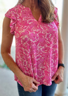 Lizzy Flutter Sleeve Top - Pink Floral | Dear Scarlett - Dear Scarlett Wrinkle Free Top - Jimberly's Boutique - Olive Branch - Mississippi