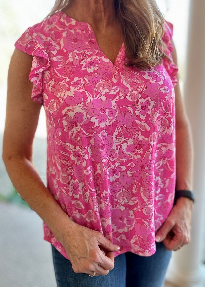 Lizzy Flutter Sleeve Top - Pink Floral | Dear Scarlett - Dear Scarlett Wrinkle Free Top - Jimberly's Boutique - Olive Branch - Mississippi
