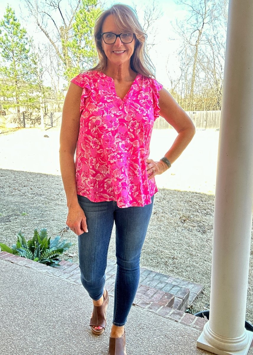 Lizzy Flutter Sleeve Top - Pink Floral | Dear Scarlett - Dear Scarlett Wrinkle Free Top - Jimberly's Boutique - Olive Branch - Mississippi