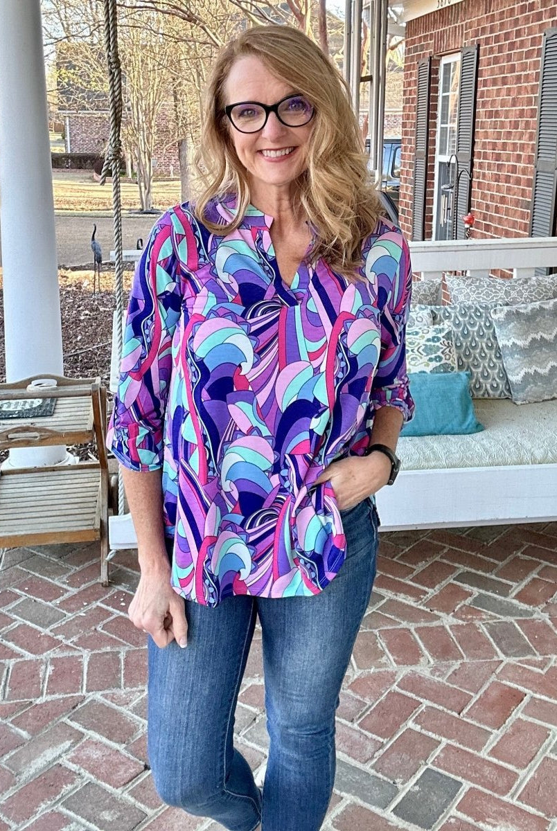 Lizzy Groovy Blue Multi Wrinkle Free Top | Dear Scarlett - Casual Top -Jimberly's Boutique-Olive Branch-Mississippi