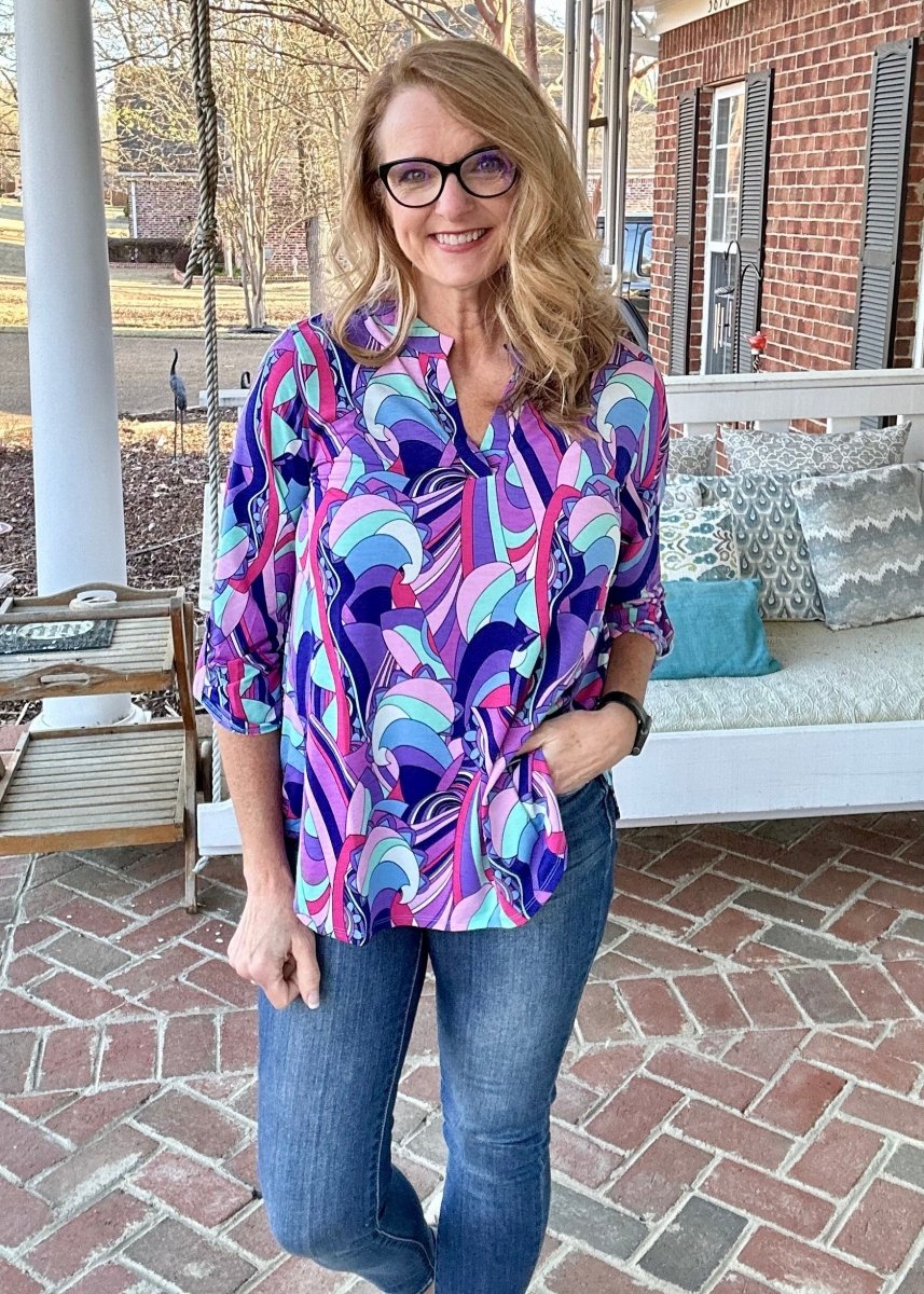 Lizzy Groovy Blue Multi Wrinkle Free Top | Dear Scarlett - Casual Top -Jimberly's Boutique-Olive Branch-Mississippi