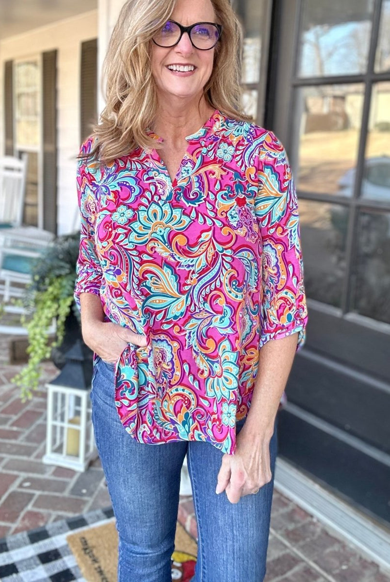 Lizzy Hot Pink Mix Wrinkle Free Top | Dear Scarlett - Casual Top -Jimberly's Boutique-Olive Branch-Mississippi