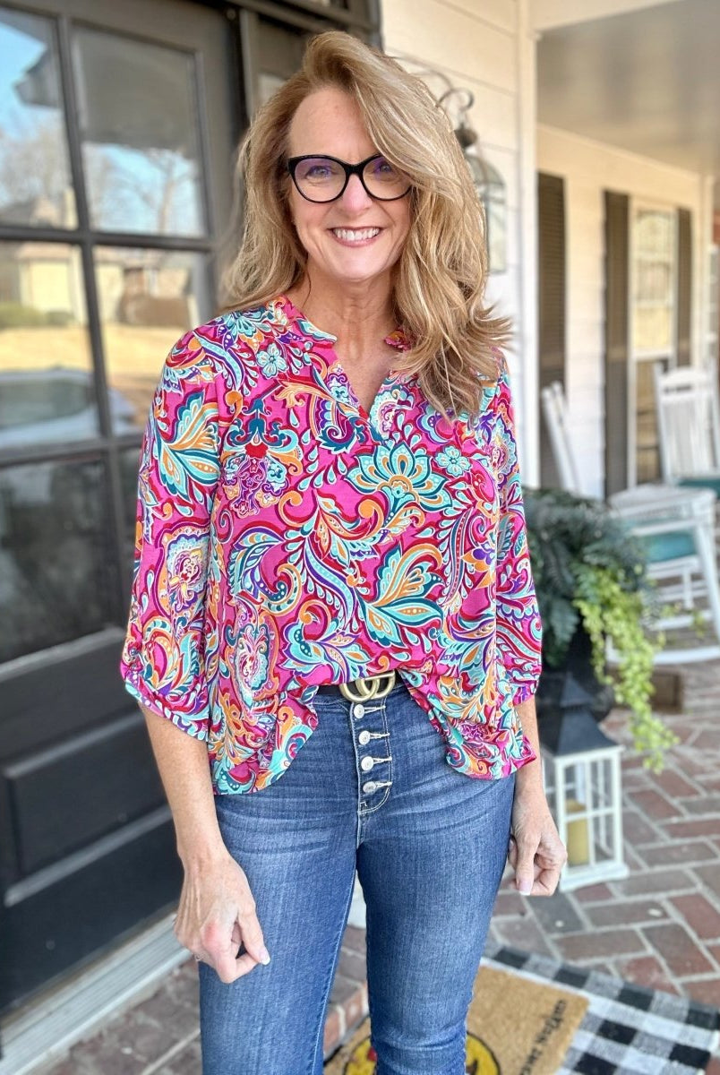 Lizzy Hot Pink Mix Wrinkle Free Top | Dear Scarlett - Casual Top -Jimberly's Boutique-Olive Branch-Mississippi