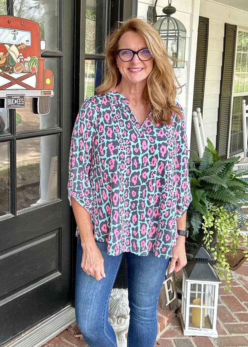 Lizzy Mint Pink Leopard Wrinkle Free Top | Dear Scarlett - Casual Top -Jimberly's Boutique-Olive Branch-Mississippi