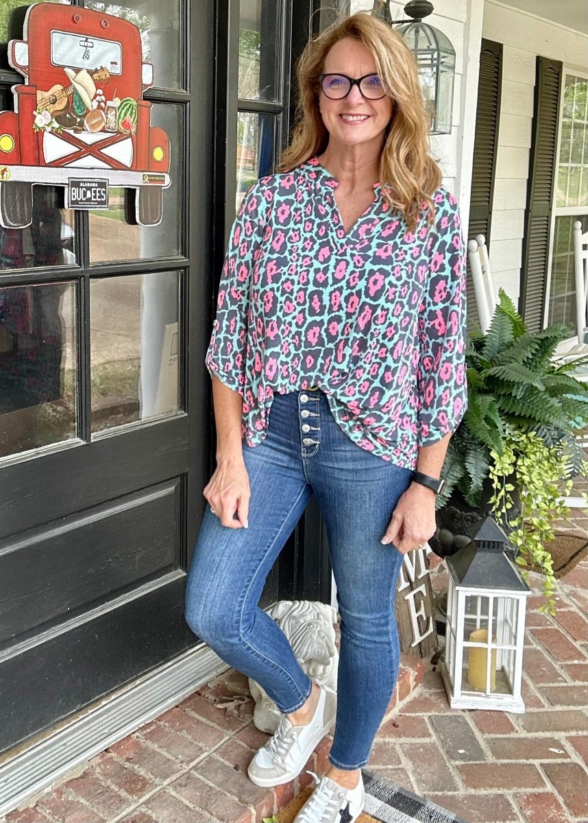 Lizzy Mint Pink Leopard Wrinkle Free Top | Dear Scarlett - Casual Top -Jimberly's Boutique-Olive Branch-Mississippi
