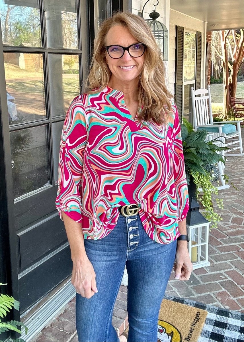 Lizzy Multi Groovy Wrinkle Free Top | Dear Scarlett - Casual Top -Jimberly's Boutique-Olive Branch-Mississippi
