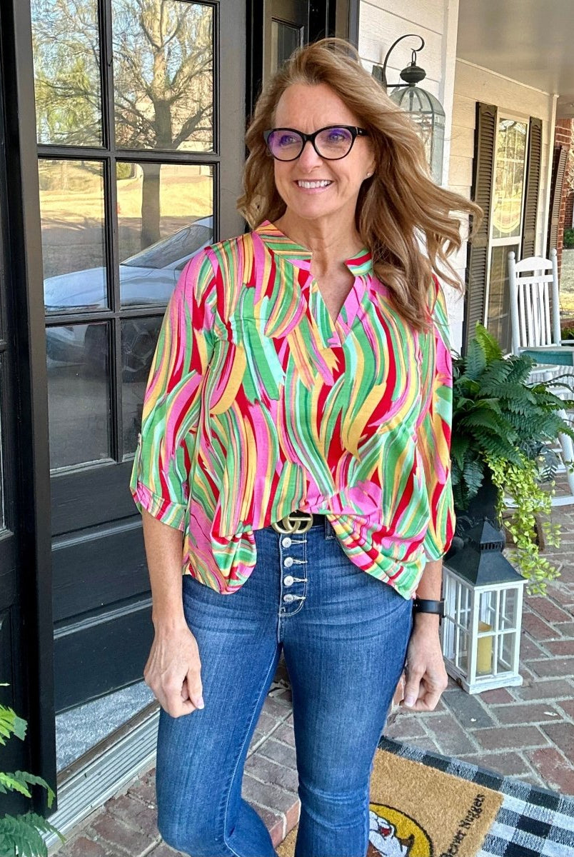 Lizzy Pink Brush Strokes Wrinkle Free Top | Dear Scarlett - Casual Top -Jimberly's Boutique-Olive Branch-Mississippi