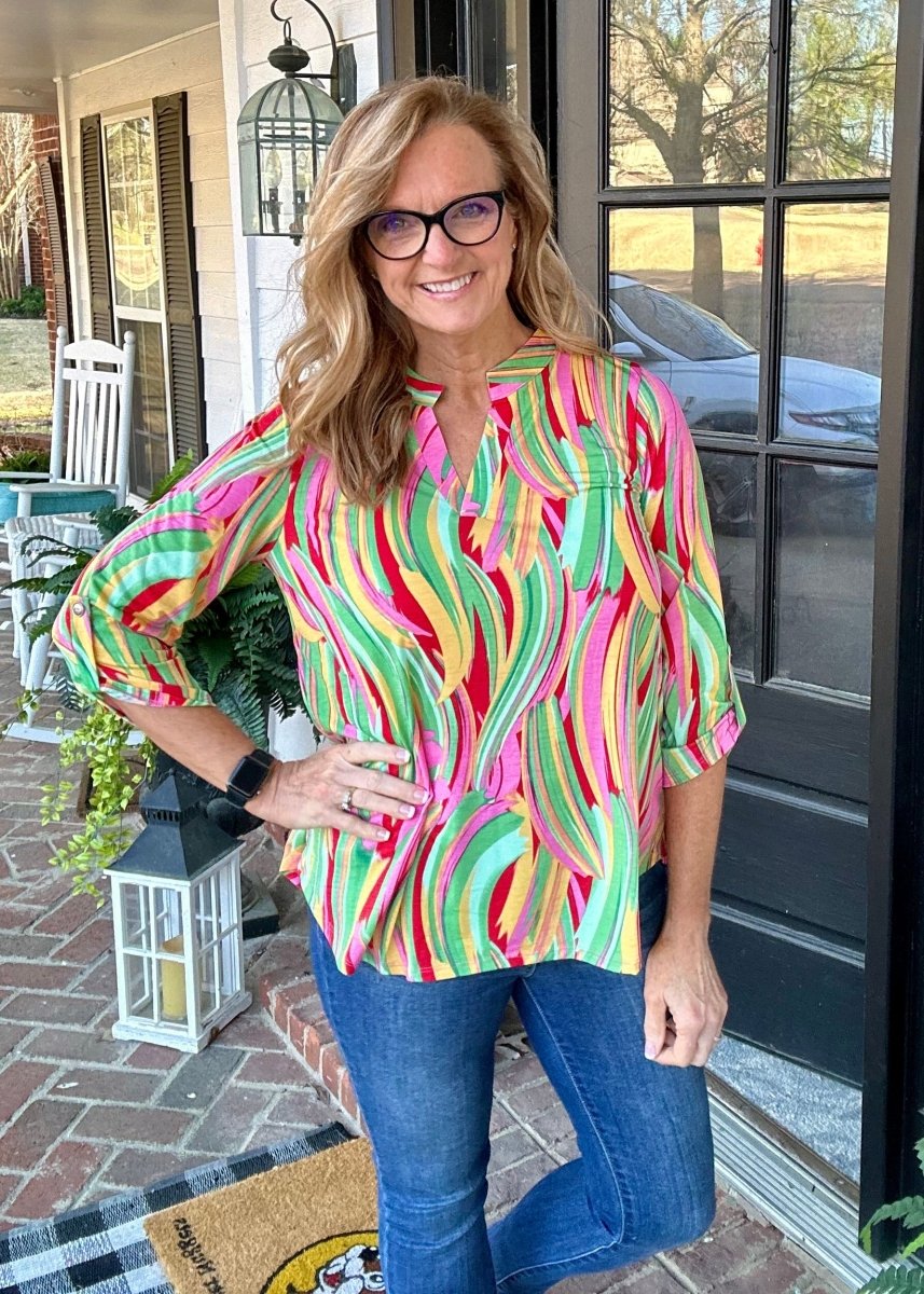 Lizzy Pink Brush Strokes Wrinkle Free Top | Dear Scarlett - Casual Top -Jimberly's Boutique-Olive Branch-Mississippi