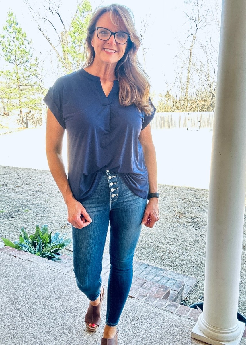 Lizzy Short Sleeve Top - Navy | Dear Scarlett - Dear Scarlett Wrinkle Free Top - Jimberly's Boutique - Olive Branch - Mississippi