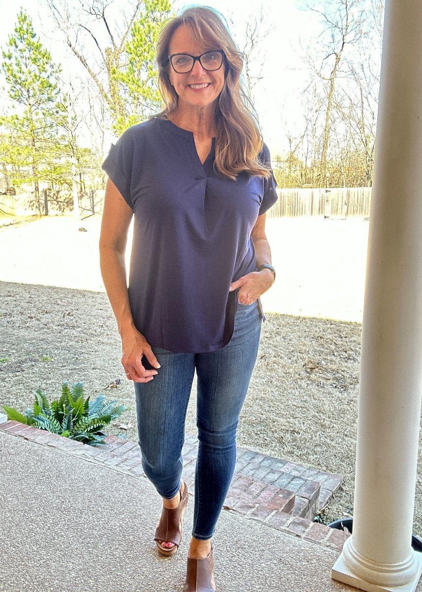Lizzy Short Sleeve Top - Navy | Dear Scarlett - Dear Scarlett Wrinkle Free Top - Jimberly's Boutique - Olive Branch - Mississippi