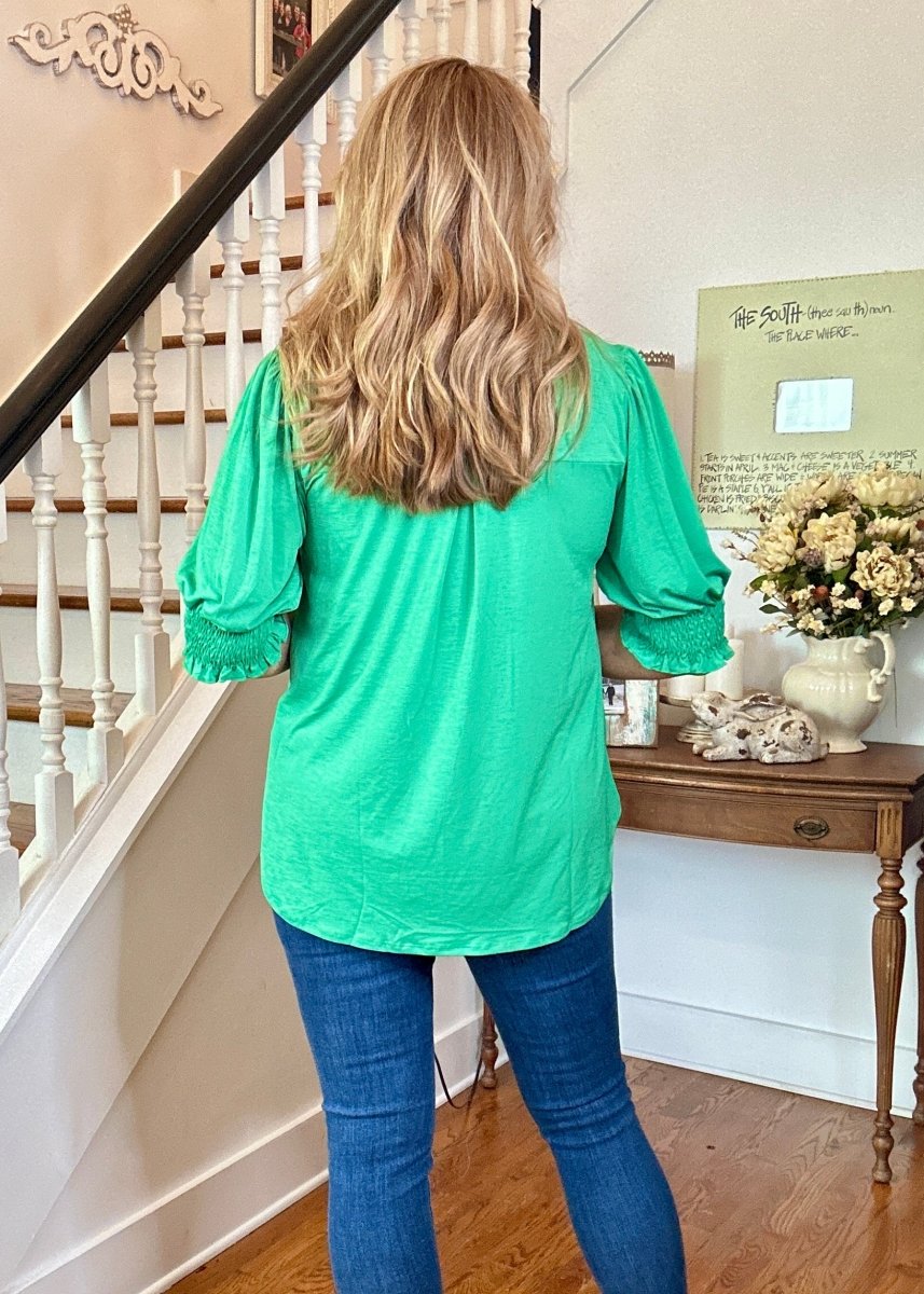 Lizzy Smocked Sleeve Top - Kelly Green | Dear Scarlett - Dear Scarlett Wrinkle Free Top - Jimberly's Boutique - Olive Branch - Mississippi