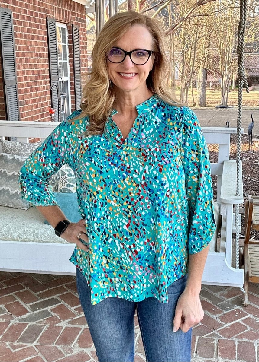 Lizzy Teal Multi Wrinkle Free Top | Dear Scarlett - Casual Top -Jimberly's Boutique-Olive Branch-Mississippi