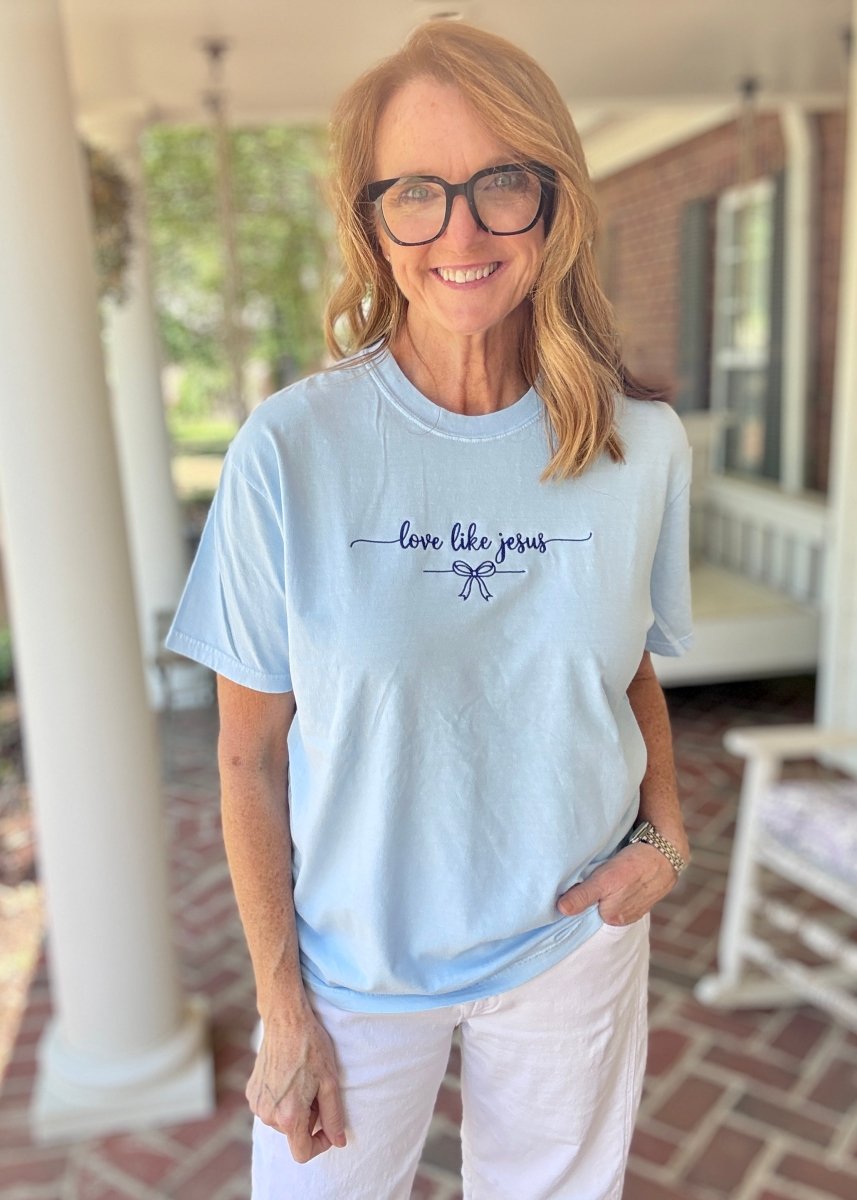 Lt Blue Love Like Jesus Embroidered Comfort Colors SS Tshirt - Embroidered Comfort Colors - Jimberly's Boutique - Olive Branch - Mississippi