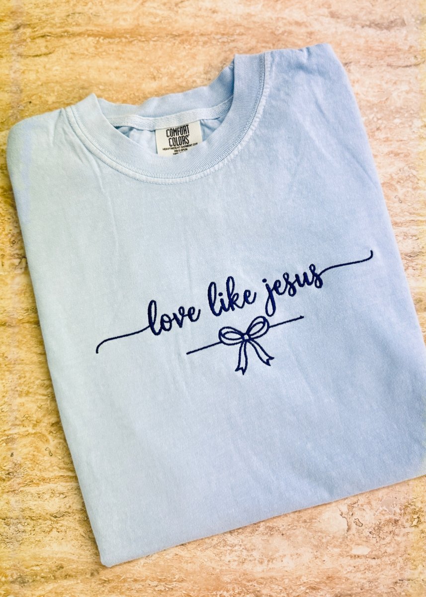 Lt Blue Love Like Jesus Embroidered Comfort Colors SS Tshirt - Embroidered Comfort Colors - Jimberly's Boutique - Olive Branch - Mississippi