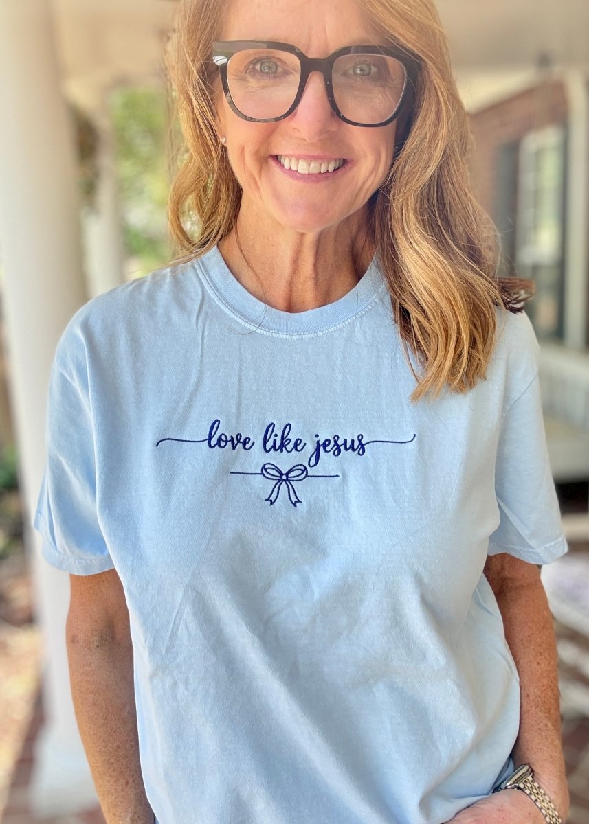 Lt Blue Love Like Jesus Embroidered Comfort Colors SS Tshirt - Embroidered Comfort Colors - Jimberly's Boutique - Olive Branch - Mississippi